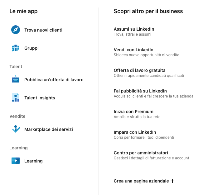 menu per le aziende linkedin